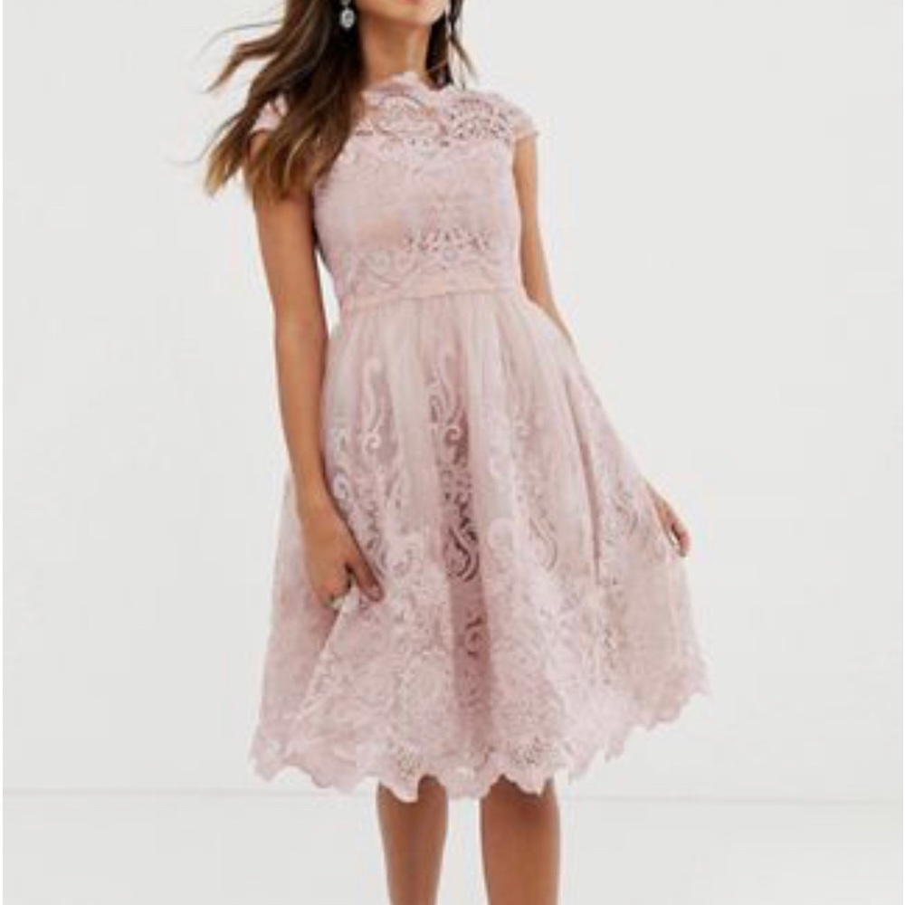 Chi Chi London premium lace midi
prom dress with bardot neck in mink
